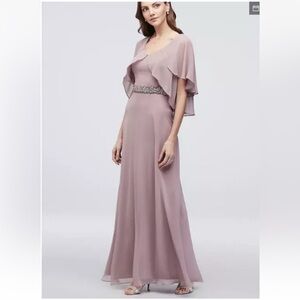 Alex Evening Chiffon Sheath Dress with Tiered Flutter Sleeves Pale Blush Size 8